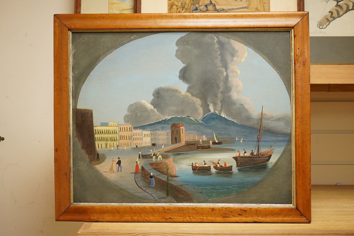 Neapolitan School, Vesuvius erupting, naive oil on canvas board, feigned oval, maple framed, 39 x 50cm